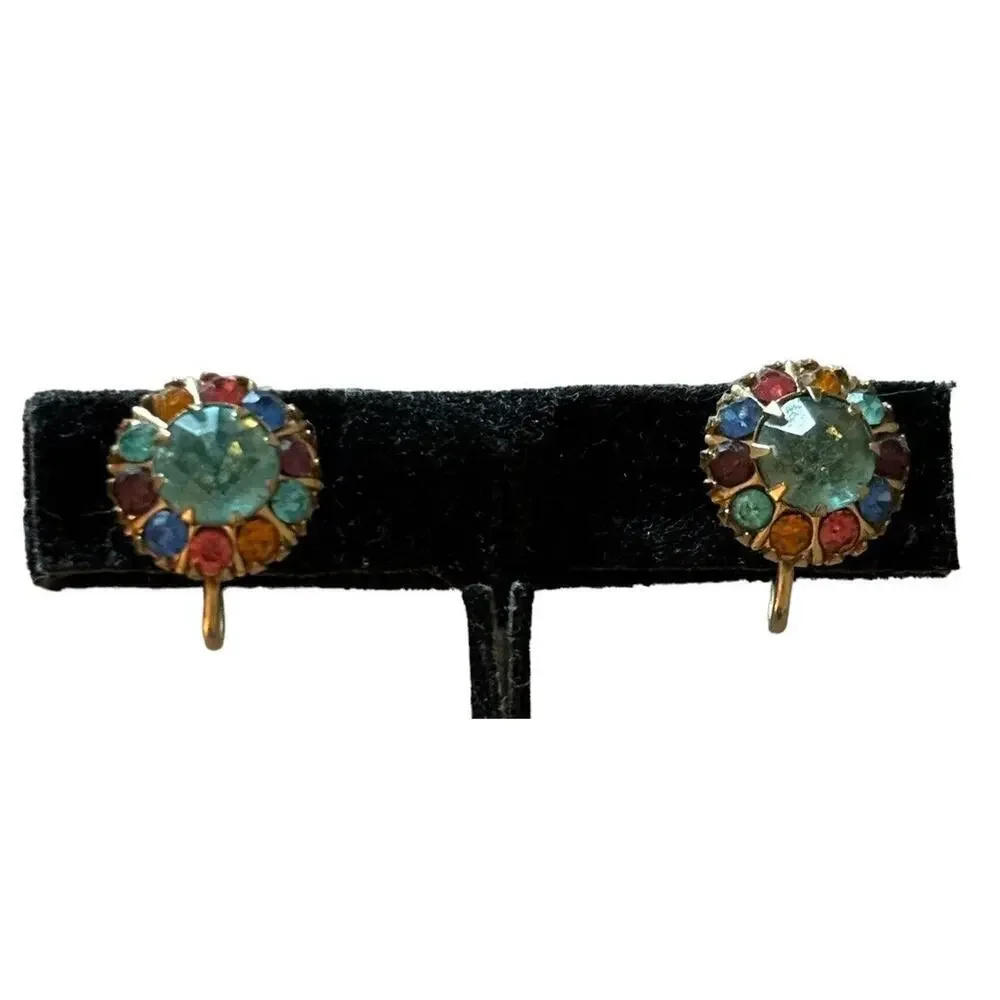 VTG CORO MULTICOLOR RHINESTONE GOLD PRONG SCREW BACK EARRINGS SIGNED